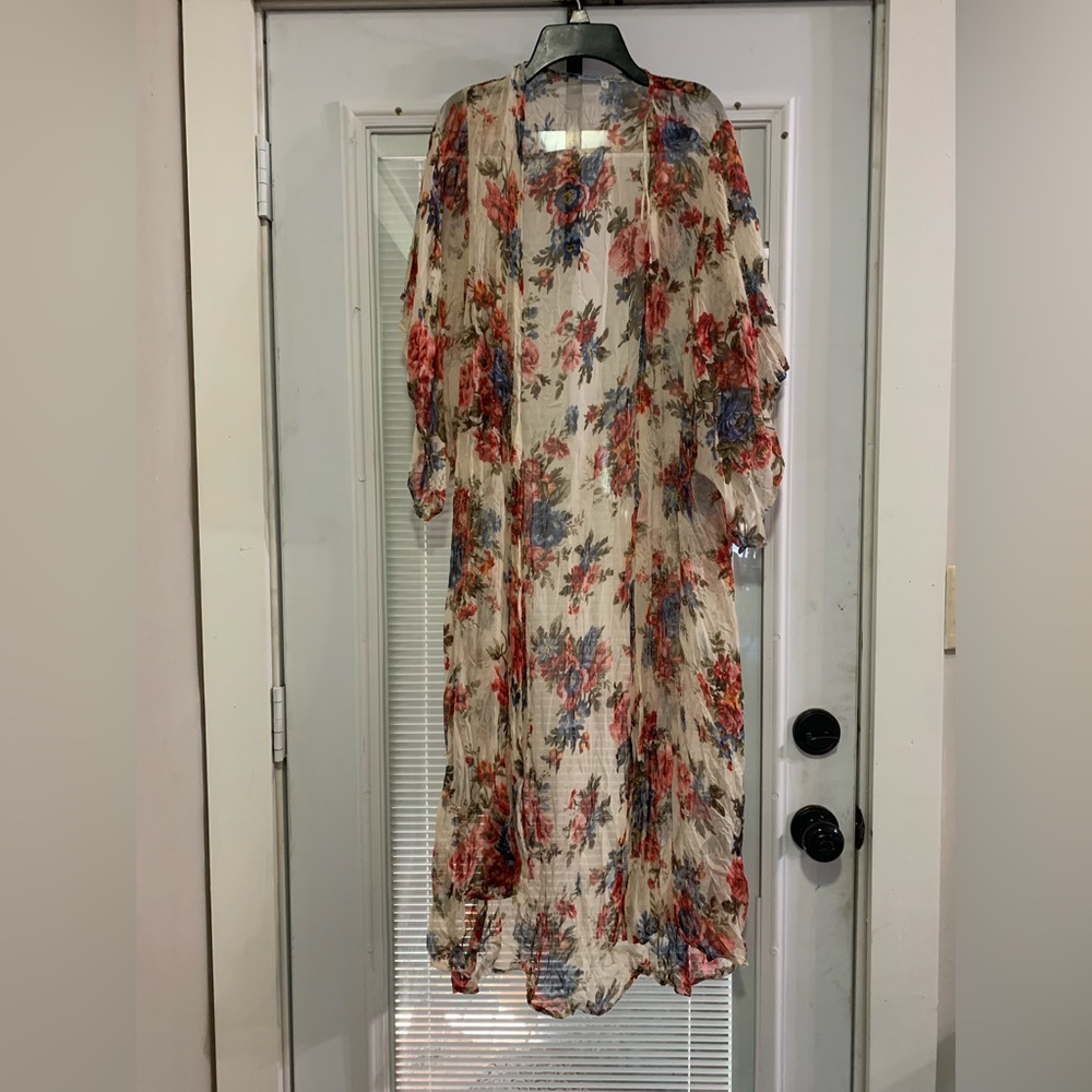 Cecico Cream Floral Sheer Kimono with Red & Blue Blooms